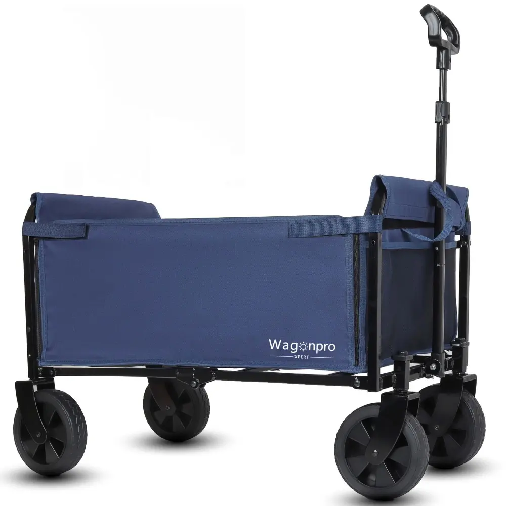 All-in-One Convertible Folding 4-Wheel Trolley with Bench Seat and Dog Leash - Heavy Duty Foldable Utility Trolley for Camping, Beach, Shopping - Versatile Seating and Storage Space, dark blue