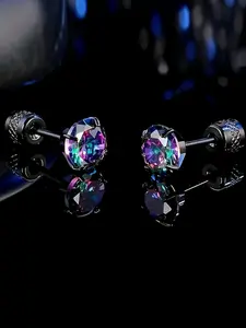 Stylish Unisex Cubic Zirconia Stud Earrings, High Quality Earrings, Multi-Color Sparkling Stones, No Plating, Hip-Hop Fashion for Everyday & Party Wear