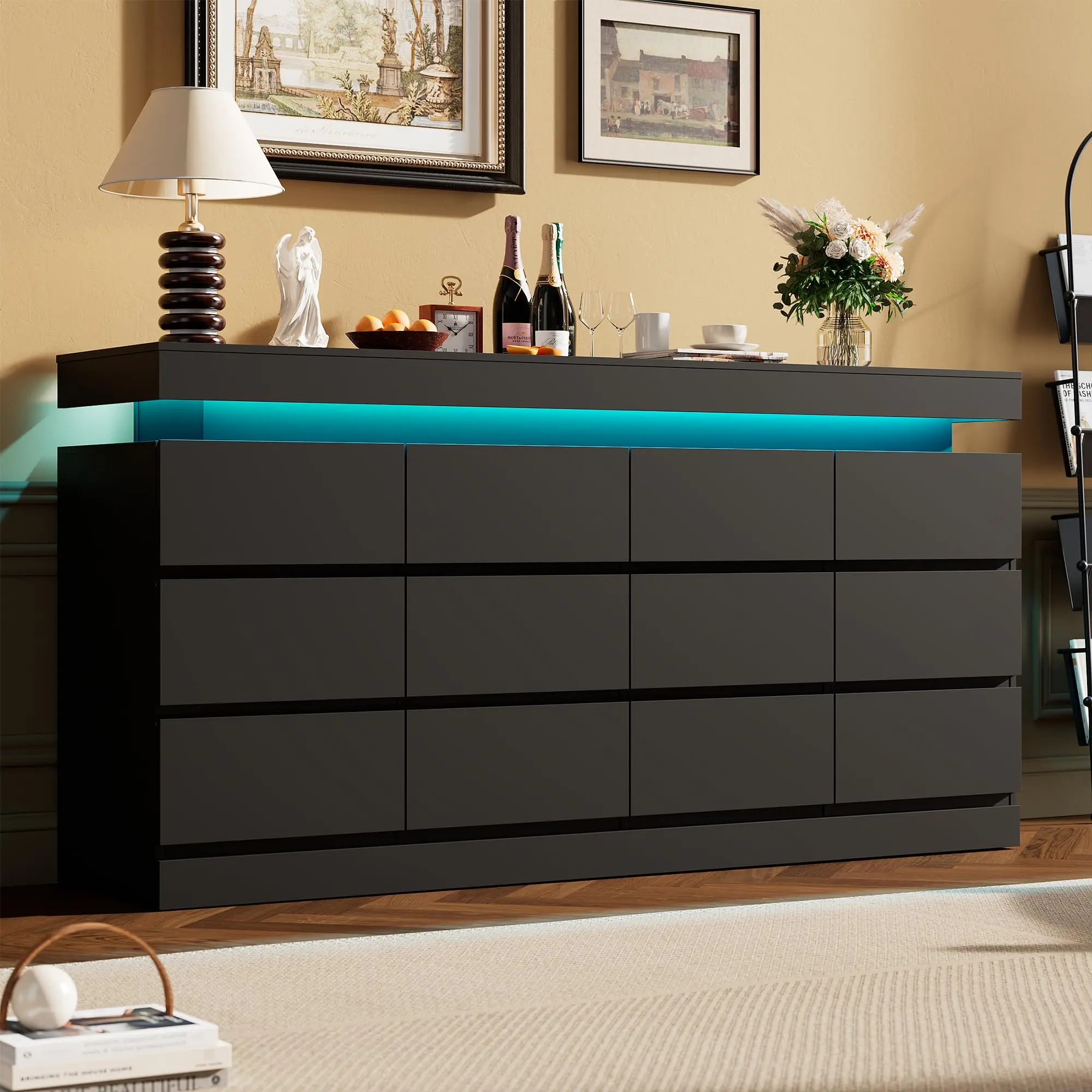 Modern 6 /12Drawer Dresser – LED Light & Charging Station – Open Shelf – Versatile as Bedside Table or TV Stand – Perfect for Bedroom, Living Room, Entryway, or Hallway Storage