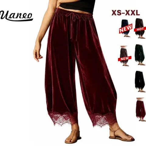 UANEO Women's Velvet Lace Hem Pants, Cropped Wide Leg Trousers with Elastic Drawstring Waist and Pockets, Soft Casual Chic Pants