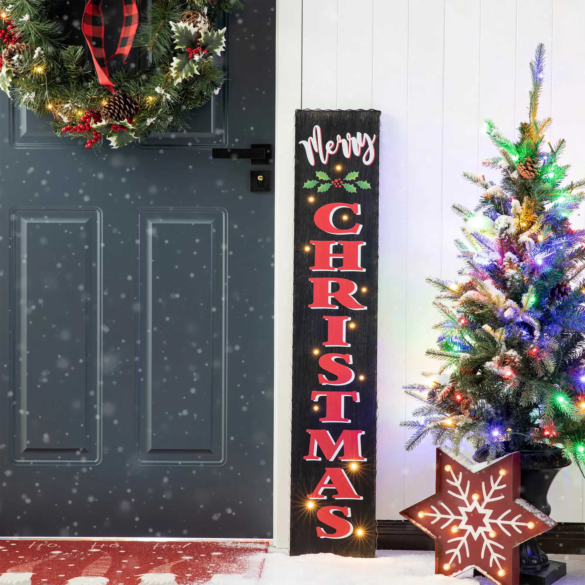 Glitzhome 42.25"H Lighted Wooden Black Christmas Porch Sign with Timer