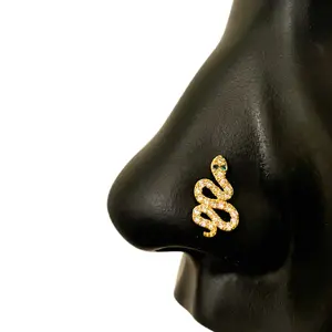 Statement Gold Green Eyed Snake Nose Stud, Nose Rings for women, L-shape, Cork shaped Nose Rings, Nostril Piercing, Hypoallergenic Nose Jewelry, 20 gauge Nose Rings