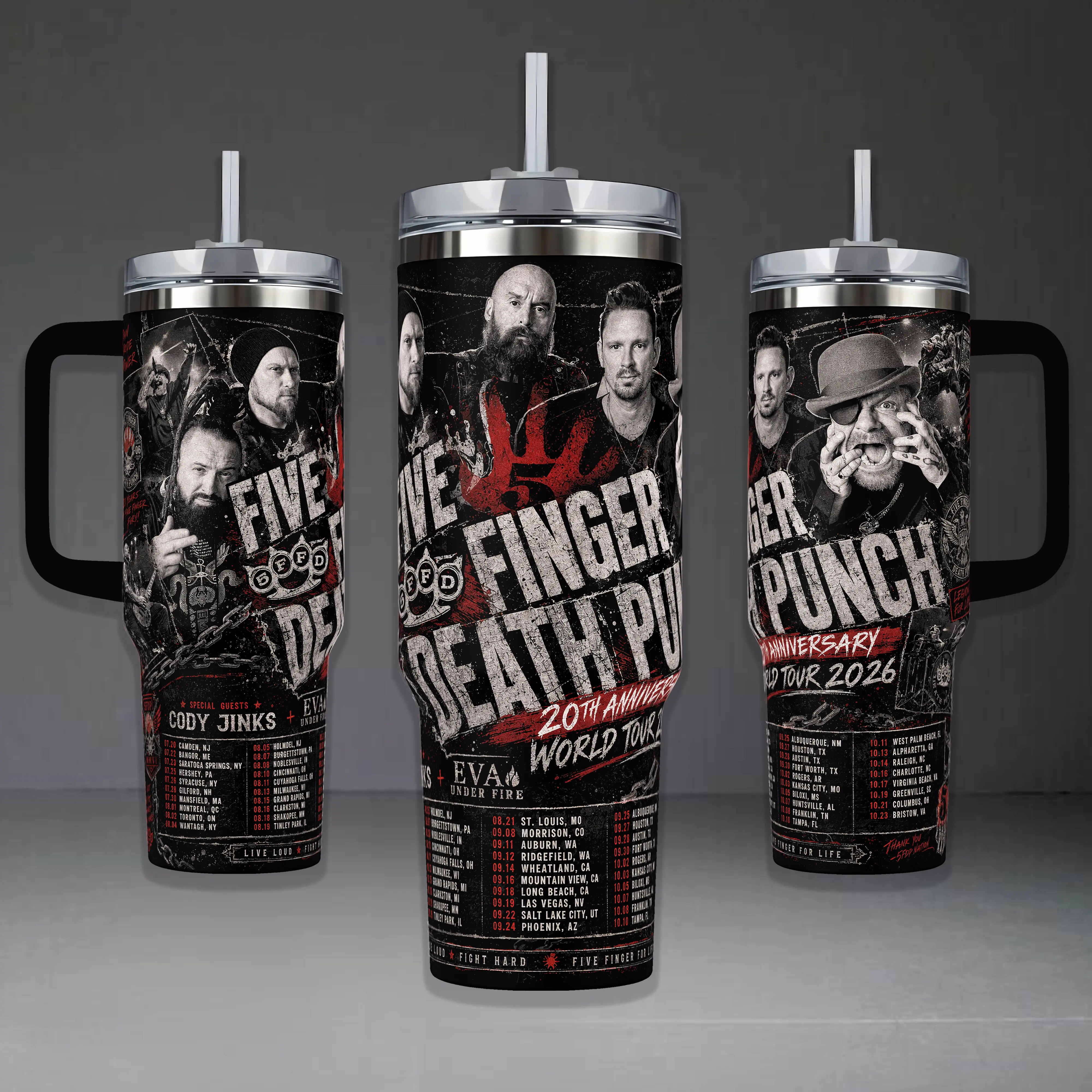 Five Finger Death Punch Band Tumbler, 20th Anniversary World Tour 40oz Cup with Handle, Heavy Metal Rock 20oz Stainless Steel Travel Mug, 5FDP Music Fan Gift, Ivan Moody Inspired Insulated Tumbler Featuring Epic Concert Dates.