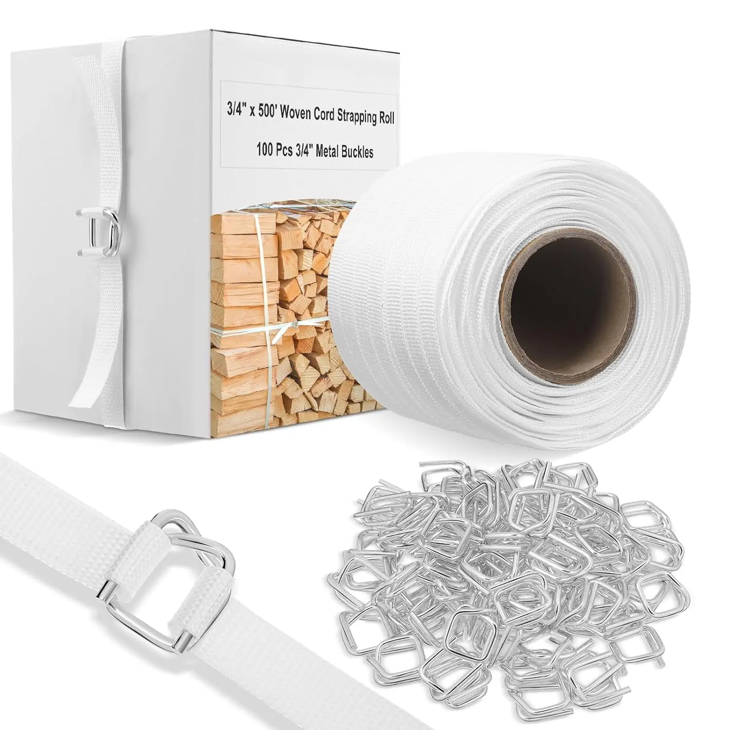3/4 inch x 500 ft Woven Cord Strapping Kit for Pipes & Securing Metal Blanks, 1 Roll Galvanized Braided Rope Strapping, 100 Heavy-Duty Buckles, 2400 Lbs Break Strength, Flexible Braided Ropes, Galvanized Coating