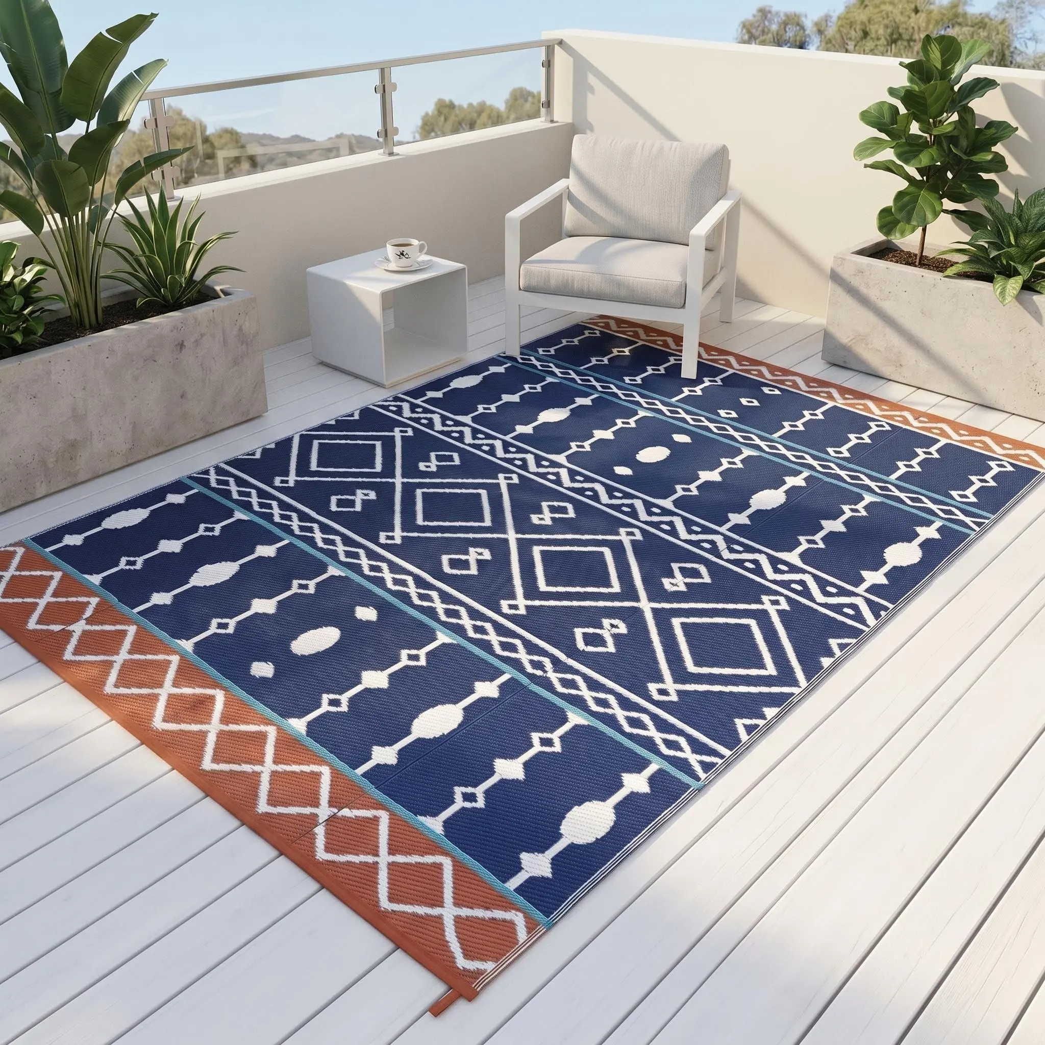 Bohemian Outdoor Rug 320GSM PP Waterproof Reversible UV Protected Foldable Portable with Stakes & Carry Bag for Patio Deck Backyard Camping RV Blue Red Multi 8x10ft