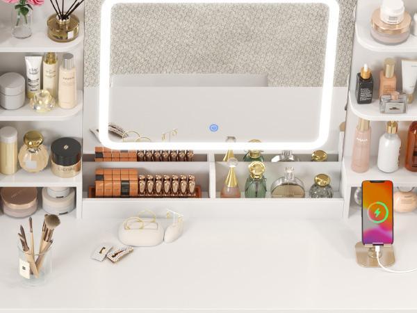 Lifewit Vanity with Mirror Adjustable Lighting, 2 Power Outlets/USB Ports, Makeup Desk with Storage Stool, 8 Open Shelves, 2 Drawers, Lipstick Holders,summerwins,dorm essentials,home decor