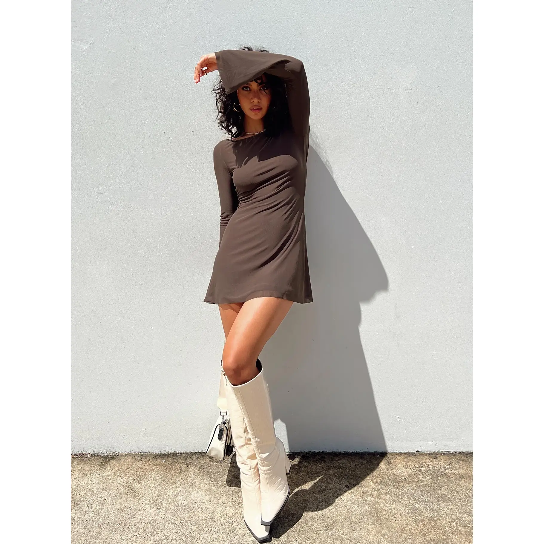 Lukea Long Sleeve Mini Dress Brown - TikTok Shop