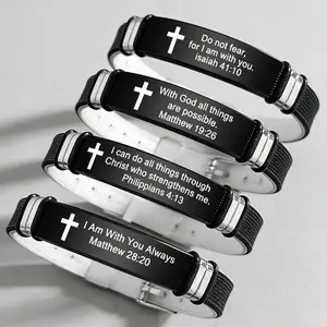 Adjustable Silicone Bible Verse Bracelet, Gifts for Her, Stainless Steel Cross & Letter Design Strap Bracelet for Men & Women, High Quality Bracelet, Trendy All-match & Exquisite Jewelry for Birthday Gift, Stainless Steel Bangle