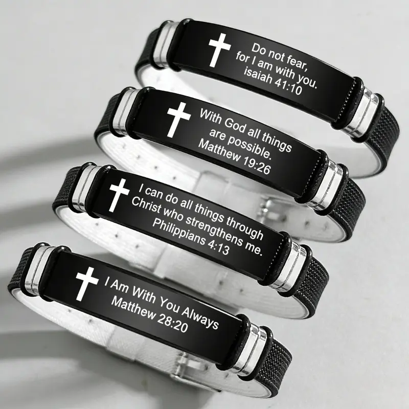 Adjustable Silicone Bible Verse Bracelet, Gifts for Her, Stainless Steel Cross & Letter Design Strap Bracelet for Men & Women, High Quality Bracelet, Trendy All-match & Exquisite Jewelry for Birthday Gift, Stainless Steel Bangle