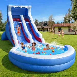 22ft X 10ft Blue White Giant Summer Outdoor Backyard Inflatable Water Slide For Kids Water Park With Splash Pool Climbing Wall For Toddlers Children.