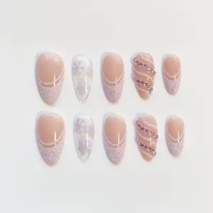 Christmas Nails/Christmas Press on nails long almond nails/Snow Nails/Sparkle Nails/Bling Nails/Purple Nails/Lavender Nails/Winter Nails TA73LU
