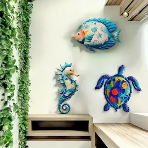 3pcs Metal Sea Horse Turtle Fish Wall Decor, Ocean Theme Decoration for Living Room Bedroom Kitchen Bathroom Home, No Power Needed, Perfect Gift