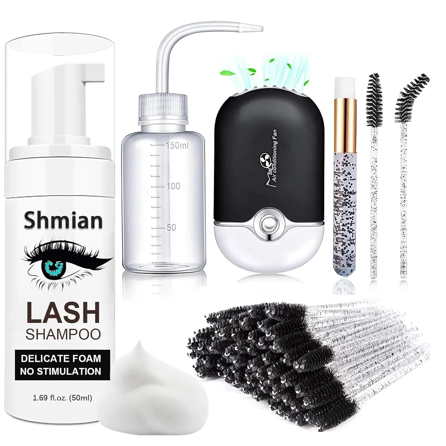 50ml Lash Shampoo for Extensions,with Brushes & Rinse Bottle | Oil-free eyelash wash remover,safe for extensions.Includes 50ml foam cleanser,50pcs brushes & rinse bottle,Black