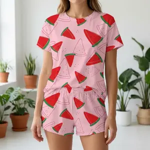 Women's Watermelon Print Short Sleeve Pajama Set, Soft Breathable Polyester Shorts & Top, Cute Cartoon Sleepwear for Summer, Ladies Comfy Loungewear Two-Piece