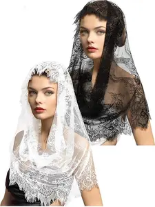 2 Pieces Floral Lace Veils Head Covering Latin Mass Mantilla Veils Short Scarf for Bridal
