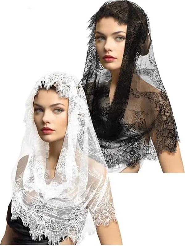 2 Pieces Floral Lace Veils Head Covering Latin Mass Mantilla Veils Short Scarf for Bridal