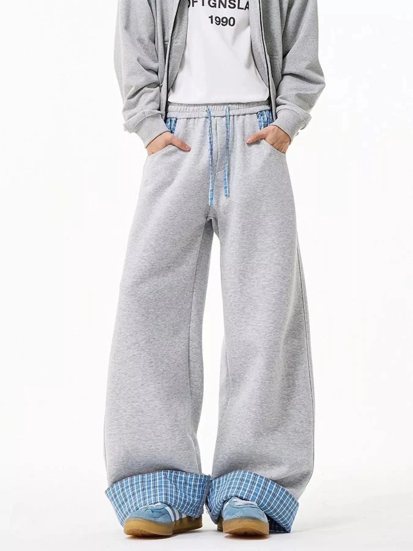 Men's Plus-Size Baggy Wide-Leg Plaid Cuff Sweatpants - Casual Menswear Bottoms, Baggy Pants