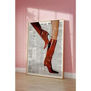 [Sale off up to 65%][Free Ship][No Frame] Retro Newspaper Print, Trendy Red Boots Poster, Fashion Icon Wall Art, Red Wall Decor, Trendy Aesthetic Home Decor