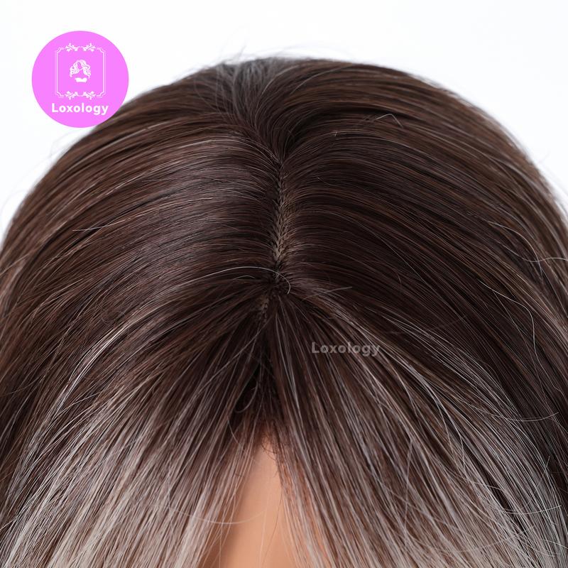 【Althea】Loxology | 28 inch Long Curly Gray Ombre Ivory Wigs with Bang and Gray Roots Synthetic Wigs for Women Daily Use Party or Cosplay Taking Photos