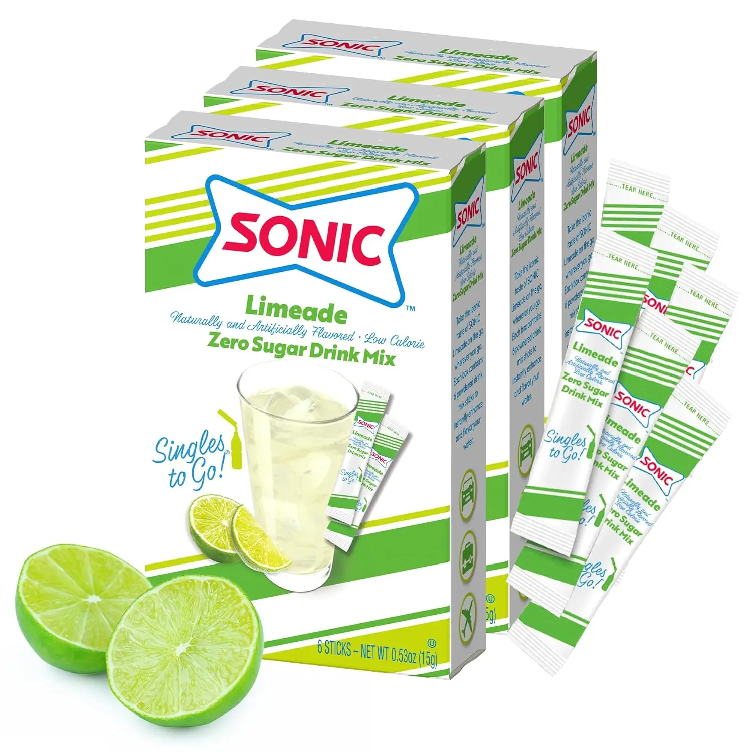 SINGLES TO GO! Sonic Limeade Singles to Go Drink Mix, Includes 3 Boxes with 3 Packets in Each Box - 18 Total Packets