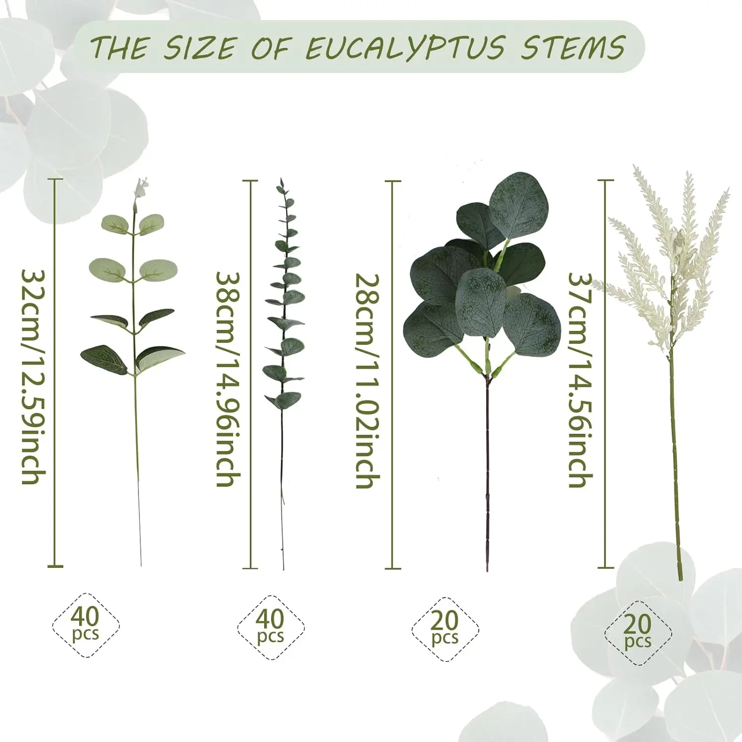 Decorative Artificial Eucalyptus Leaves Stems, 120-Piece Bulk Pack with 4 Kinds Mixed Sizes Fake Silver Dollar Eucalyptus Stems, Faux Leaves for DIY Bouquets, Birthday, Indoor/Outdoor Wedding Home Floral Arrangement, Fake Leaves, Mixed Kinds