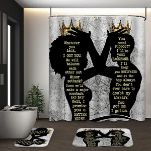 LVRLVR 4Pcs King Queen Couple Silhouette Love Quote Print Romantic Inspirational Multi-Color Shower Curtain Set Restroom Bathroom Decoration Accessories 70.8×70.8 Inch