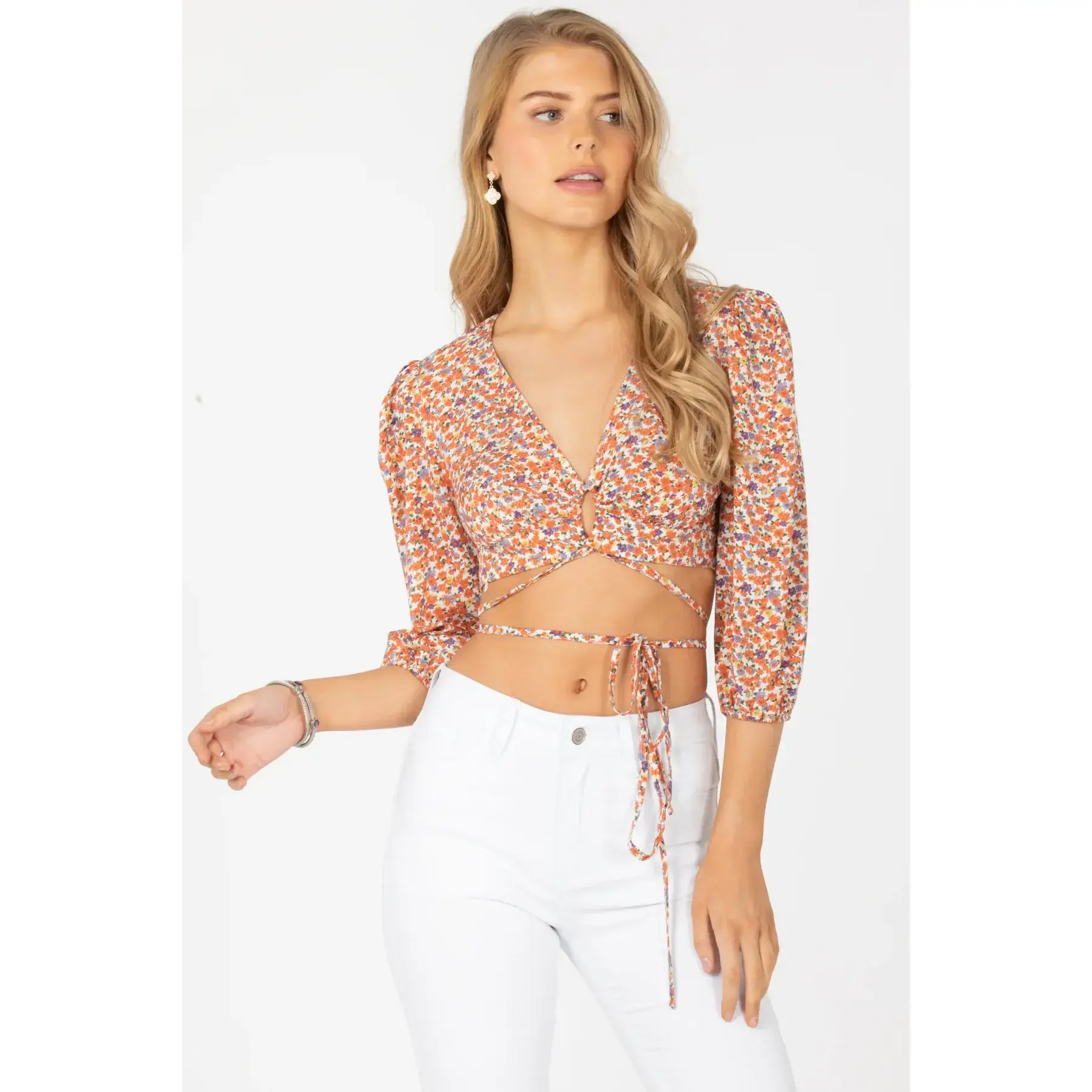 Women's Keyhole Front Spaghetti Strap Wrap Tie Print Blouse - GST2193