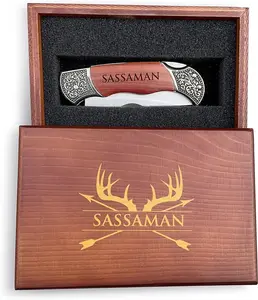 Customized Engraved Pocket Knife and Wood Box, Personalized Christmas or Fathers Day Gift, Rose Wood Folding Pocket Knife, Folding Knife