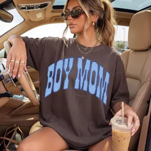 Boy Mom Tshirt, Blue Gingham Varsity Shirt, Trendy Mama Crewneck, Mama Boy Tee, Family Shirt, Summer Tee