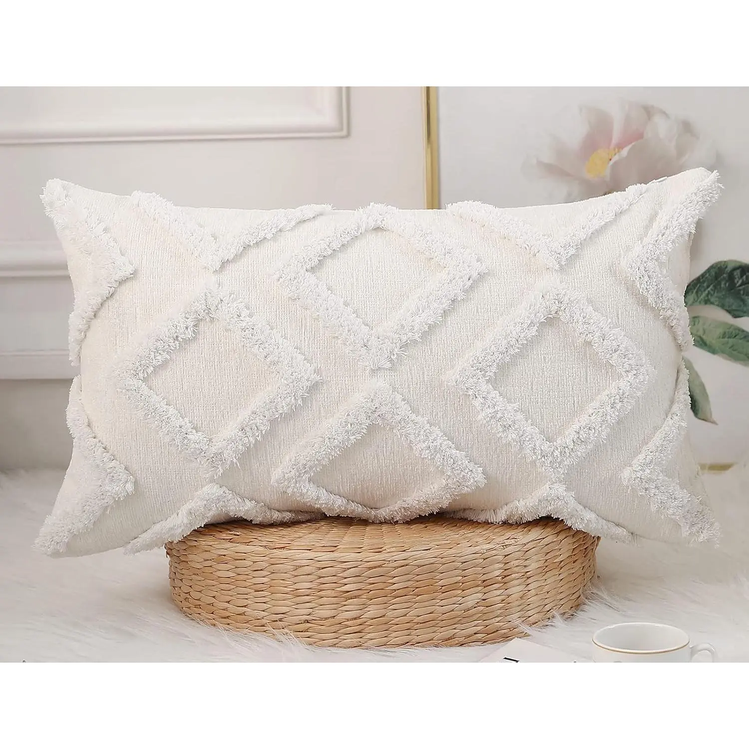 Long Pillow Covers 14 x 26,Plush Chenille Decorative Long  Pillow Case Pillow Covers Cushion Case for Sofa Couch Bed Livingroom Farmhouse,Modern Boho,Cream White