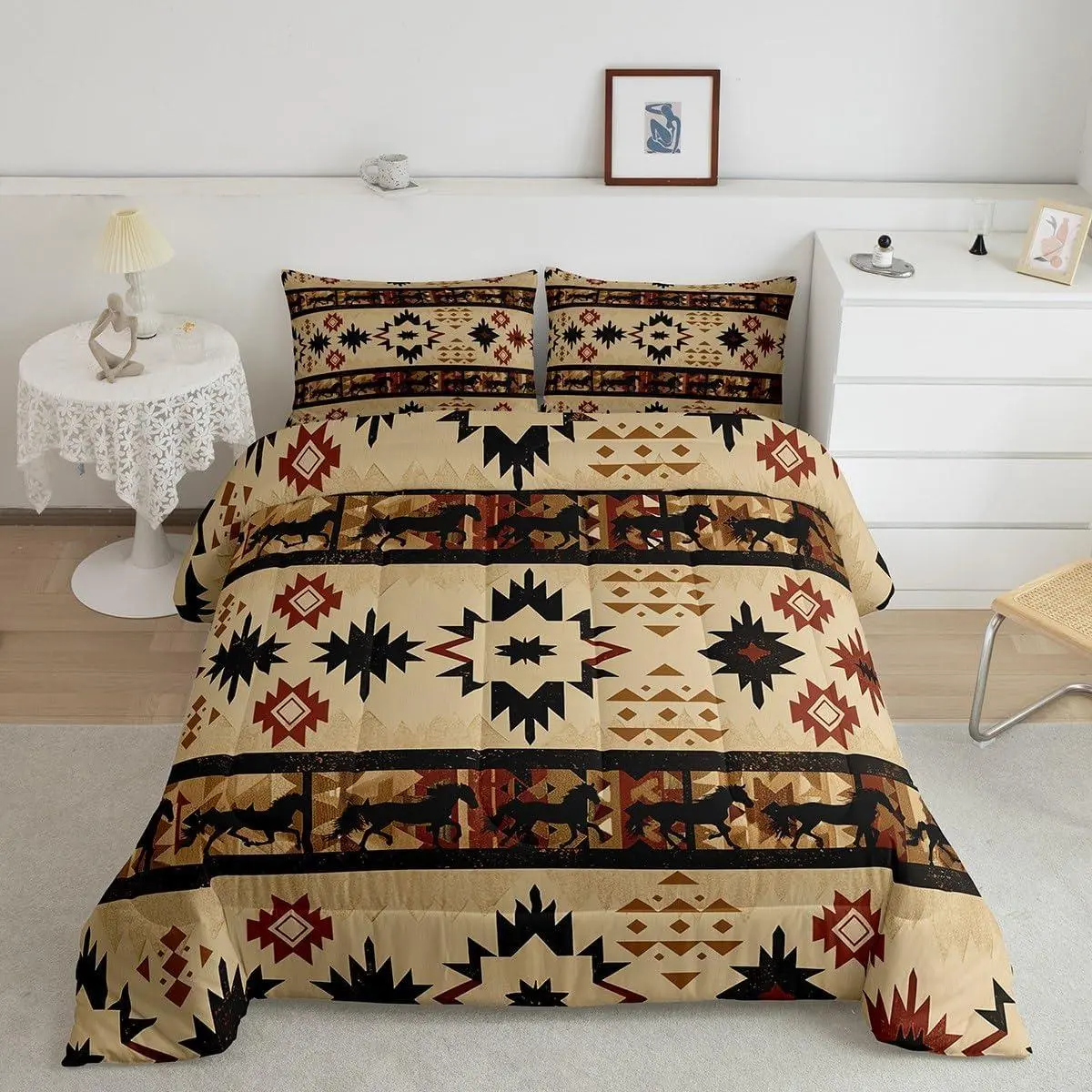 Western Bedding Set,Southwestern Aztec Comforter Set Boho Horse Cowboy Comforter Ethnic Bohemian Rustic Country Duvet Set Bedroom Decor