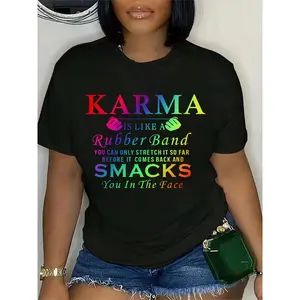 Karma Letter Print T-shirt, Short Sleeve Crew Neck Casual Top For Summer & Spring, Women's Clothing