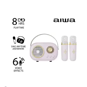 Aiwa Retro Wireless Karaoke Speaker AI6028-MNT with 2 Mics Mint Pink White 5W Sound 8 Hours Playtime 6 Voice Modes FM Radio Bluetooth