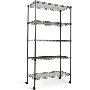 5 Tier Heavy-Duty Adjustable Wire Shelving Unit with Casters Ideal for garages, kitchens, pantries, laundry rooms, and office storage Easy assembly Dimensions: 23“W × 13”D × 60"H Black