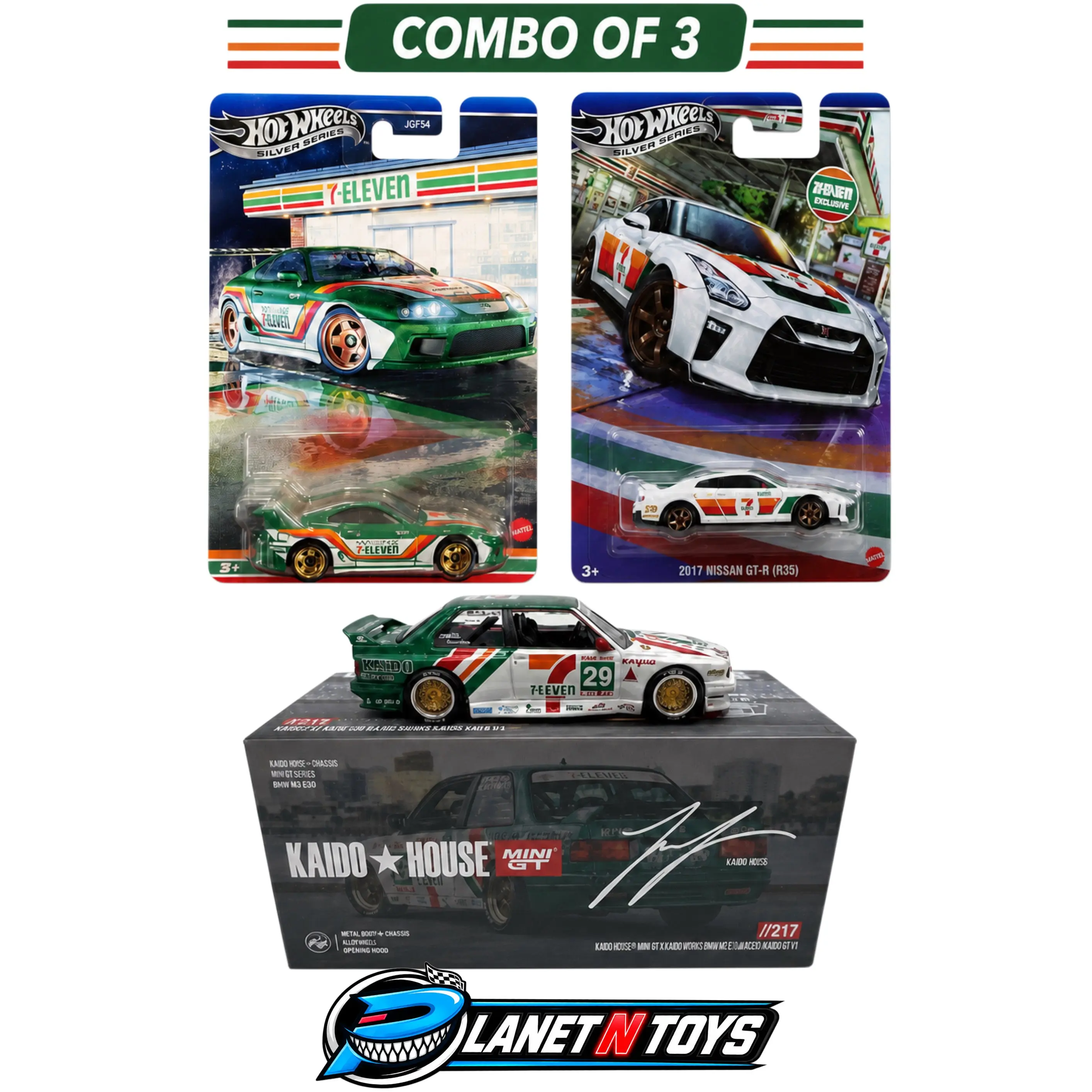 7-Eleven Diecast Design Bundle Deal Hot Wheels Silver Series + Kaido House Toyota Supra, ‘17 Nissan GT-R R35, BMW M3