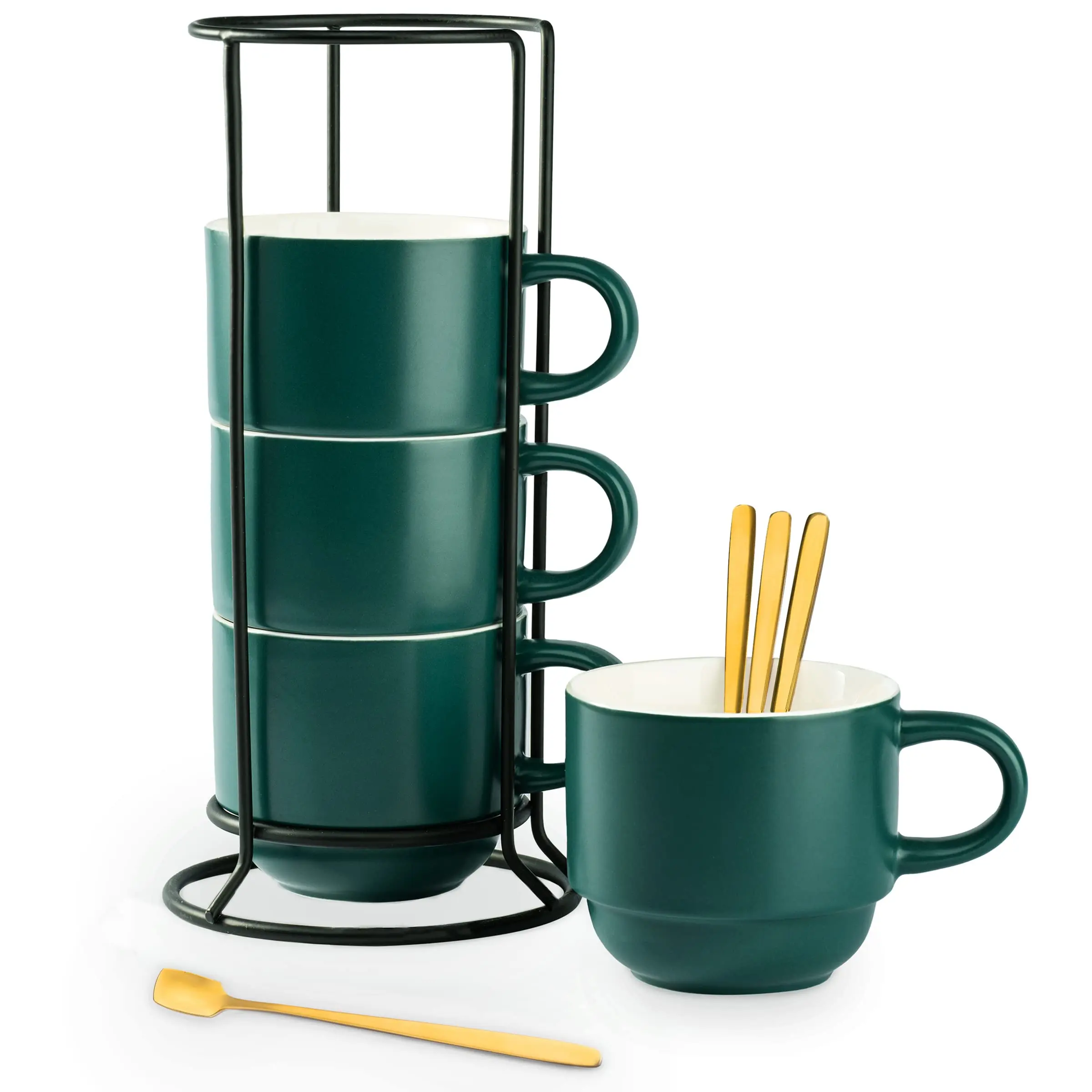 11oz Durable Modern Ceramic 4-Piece Stackable Coffee Mug Set - Heat Resistant, Washable, Reusable, Dishwasher Safe Kitchenware Drinkware with Rack & Spoons, Dark Green Festival Gift for Hospital, Daily Use