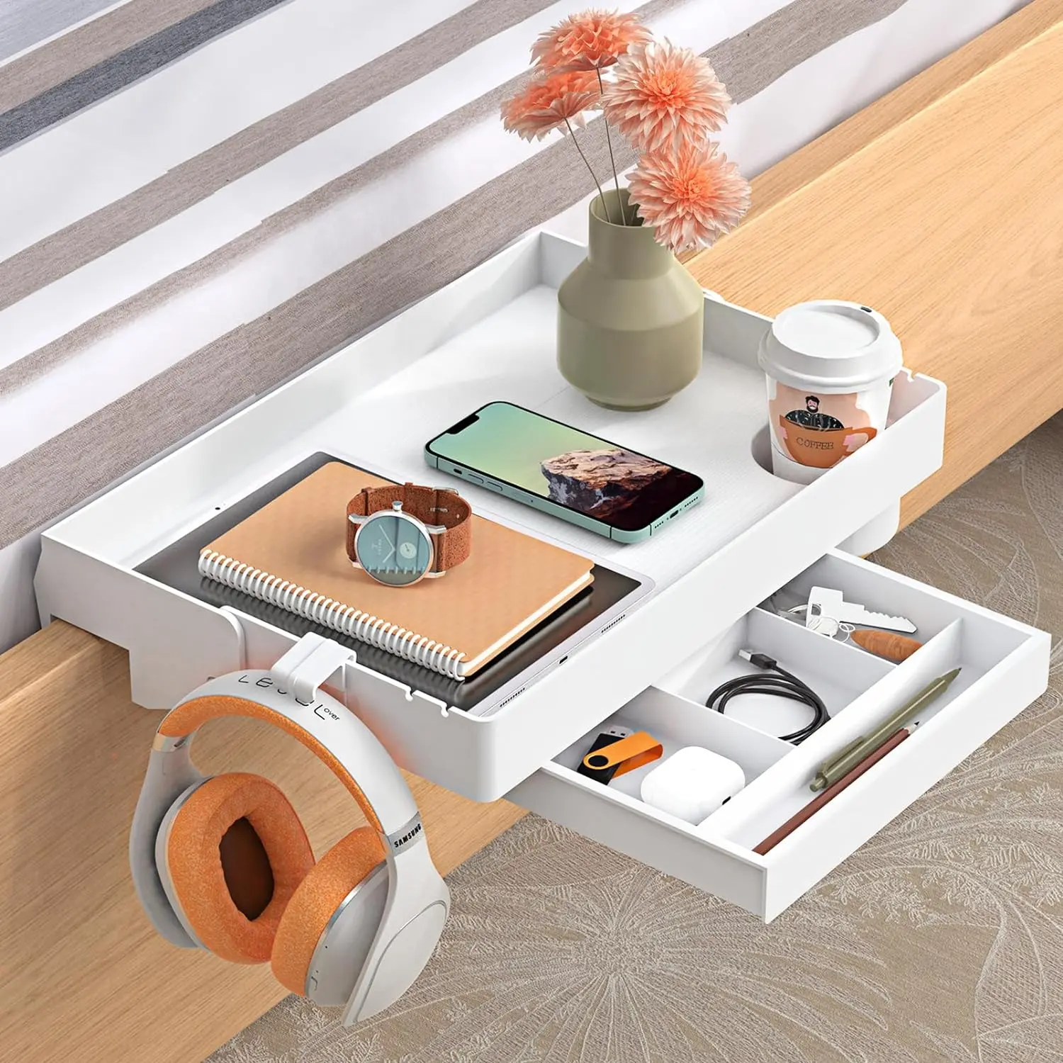 Bedside Shelf for Bed – College Dorm Room Clip On Nightstand with Cup Holder & Cord Holder&Drawer – Bunk Bed Shelf for Organizer Top for Bedroom (White，Plastic)