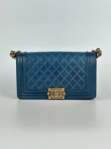 Pre-owned CHANEL calfskin Crossbody bag Le Boy blue/gold Quilted