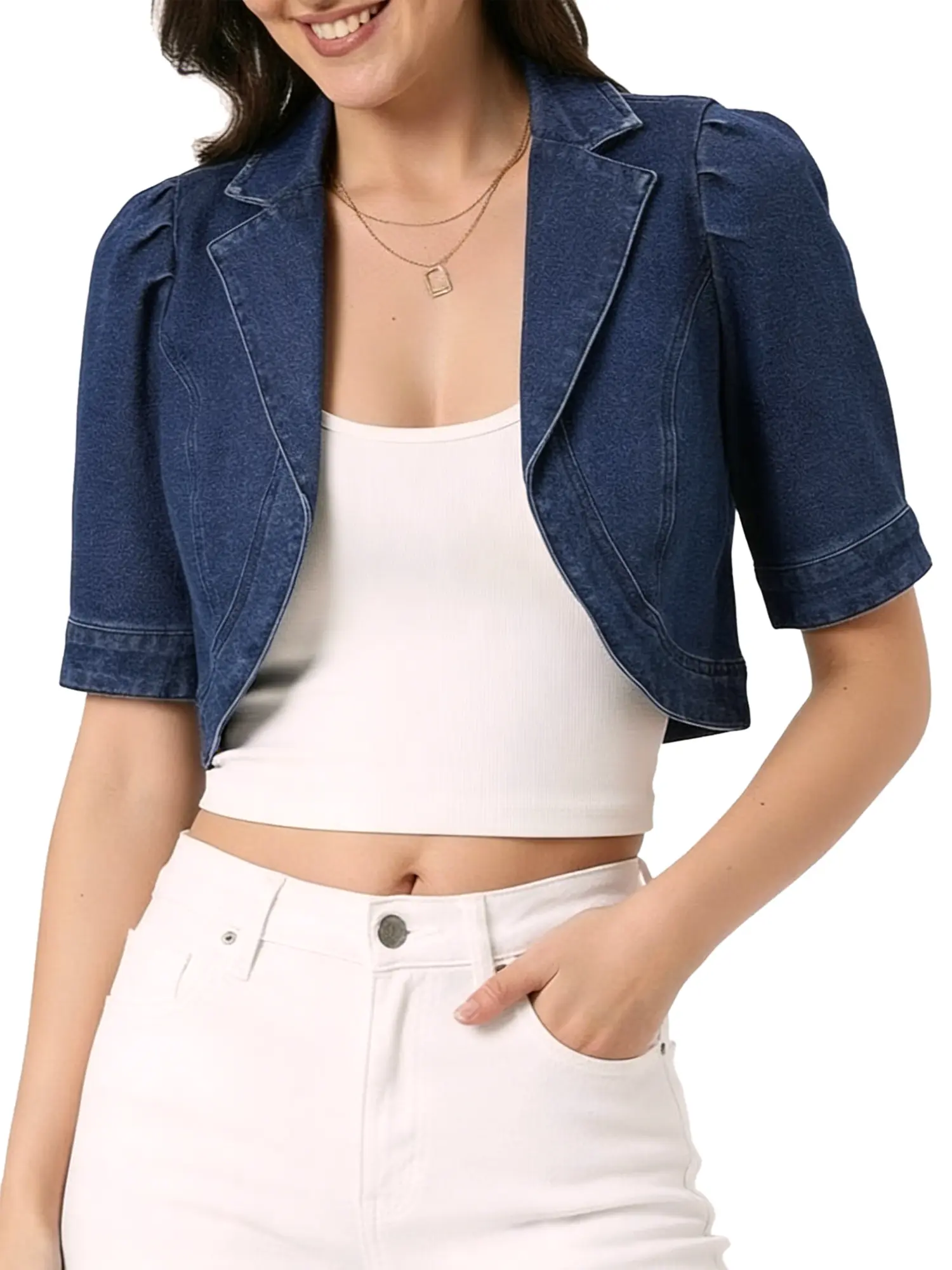 INSPIRE CHIC Women's Crop Denim Cardigan Short Sleeve Lapel Collar Jean Jacket