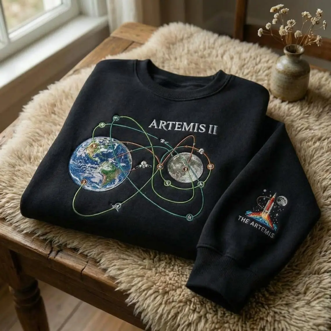 Artemis II Embroidered Sweatshirt, Space Exploration Crewneck,Vintage Style Earth and Moon Orbit Shirt, Astronomy Lover Gift,Science Apparel