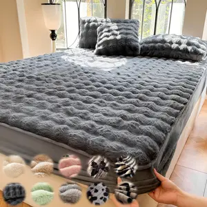 Faux Rabbit Fur Fitted Sheet 1pc – Striped Luxury Soft & Warm Solid Color Bedding with Pillowcase, All-Season Use, Perfect for Bedroom, Dorm, Sofa, Fluffy Cozy & Ideal Gift