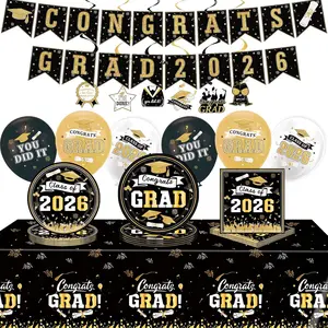 2026 Graduation Decorations - Black  Congrats Grad Party Supplies include Dinner Plates Dessert Plates Napkins Tablecloth Balloons Banners and  Swirls for Class of 2026 Decorations Set