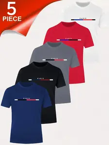 Men's Fitted Breathable Paris Multi-Color Striped Letter Print T-Shirt Set, Athletic Sports Clothing, Short Sleeve Round Neck Sportswear for Gym Yoga Casual Wear, Active T Shirts