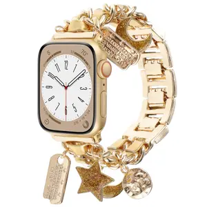 Stylish Metal Wristband Compatible with Apple Watch Band 38mm 40mm 41mm,Cuban Chain Bracelet with Star Moon Love Pendants Cute Strap for iWatch Series 9 8 7 6 5 4 3 SE Charms for Women Wearable Adjustable smart watch accessories