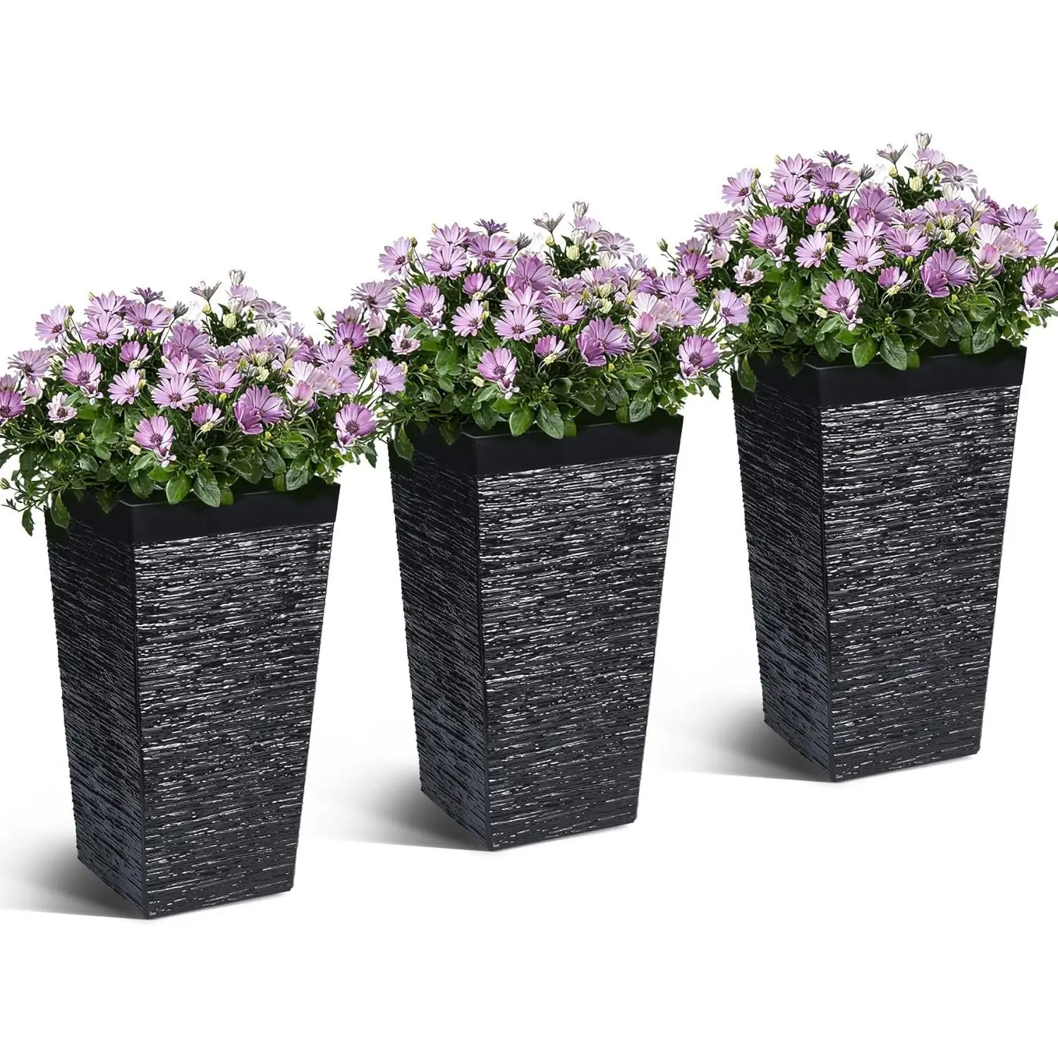 Set of 3 Large Modern Planter Boxes – Tall Rectangular Pots with Drainage Holes & Wheels – Indoor/Outdoor – for Garden, Patio & Porch – Black
