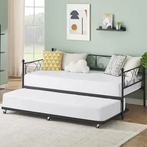 Gaomon Black Twin Size Metal Daybed with Trundle, Modern Platform Bed with Classic Headboard, Steel Slat Support Box-Free Base Sofa Bed for Bedroom, Living Room, No Box Spring Needed, Metal Bed Frame
