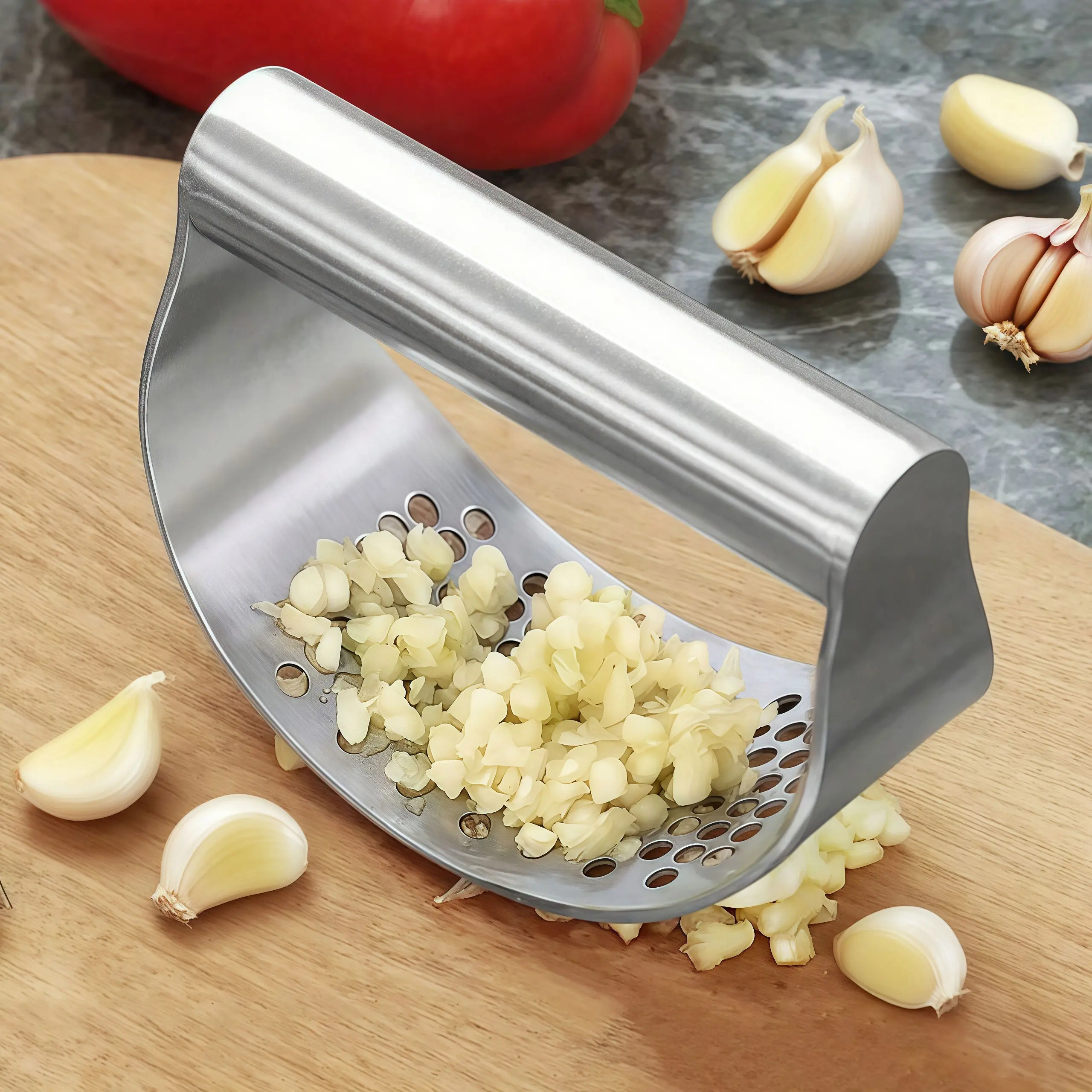 Durable Stainless Steel Garlic Press Bundle Set (1-2pcs) - Kitchenware with Detachable Chamber, Multi-Use Cooking Tool, Garlic Mincer, Meat Grinder, Washable Countertop Gadget for Everyday Meals
