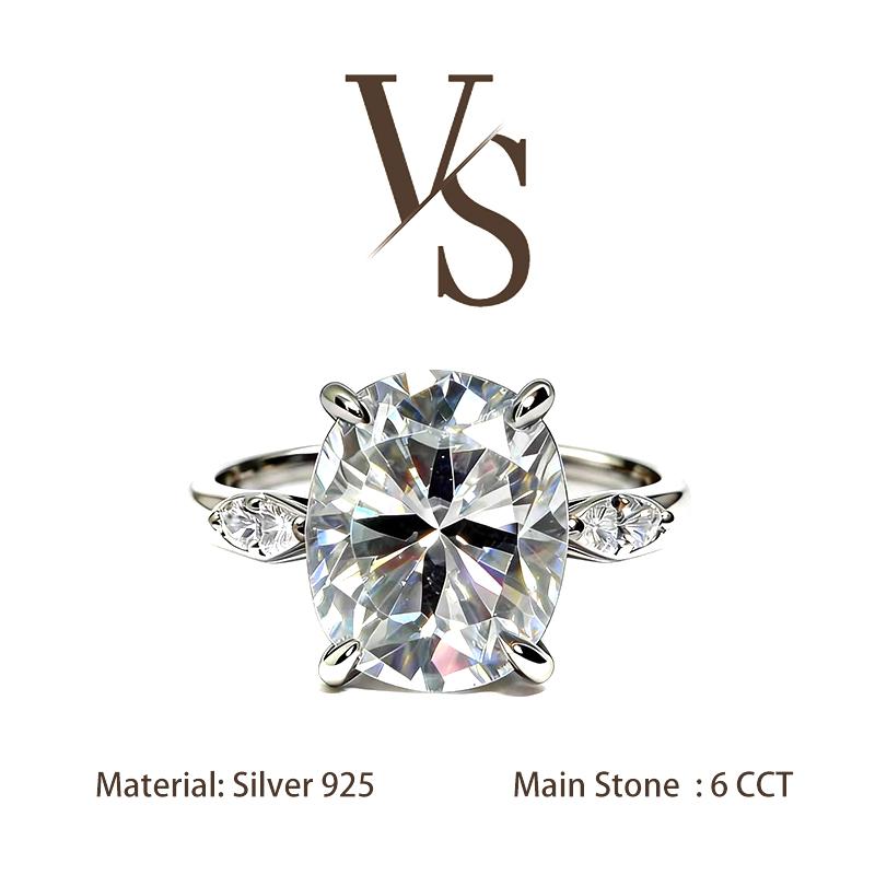 [Venus Jewelry] Synthetic Moissanite 6 CCT Elongated Cushion Shape Triple Stone Luxury Thick Band Design VVS 1 D Color Solid Silver 925 Solitare Ring