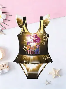 Girls' Cartoon Theme Swimwear, Gold Starlight Wind Printed Ruffle One-Piece Swimsuit, Summer Style, Fitted Design, Swim Bodysuit
