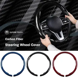 Car Steering Wheel Cover Carbon Fiber Snap On Steering Wheel Accessories Wrap 14.5-15 inch Universal Grip Anti-Skid Protector, Glossy Black / Red /Blue
